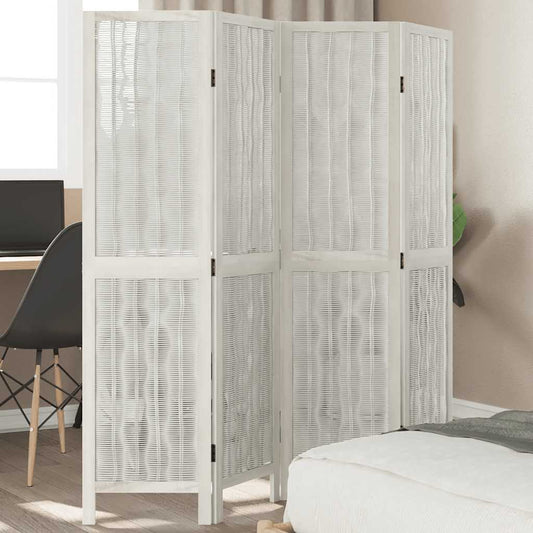White Solid Wood Room Divider, 4 Panels - Paulownia Elegance