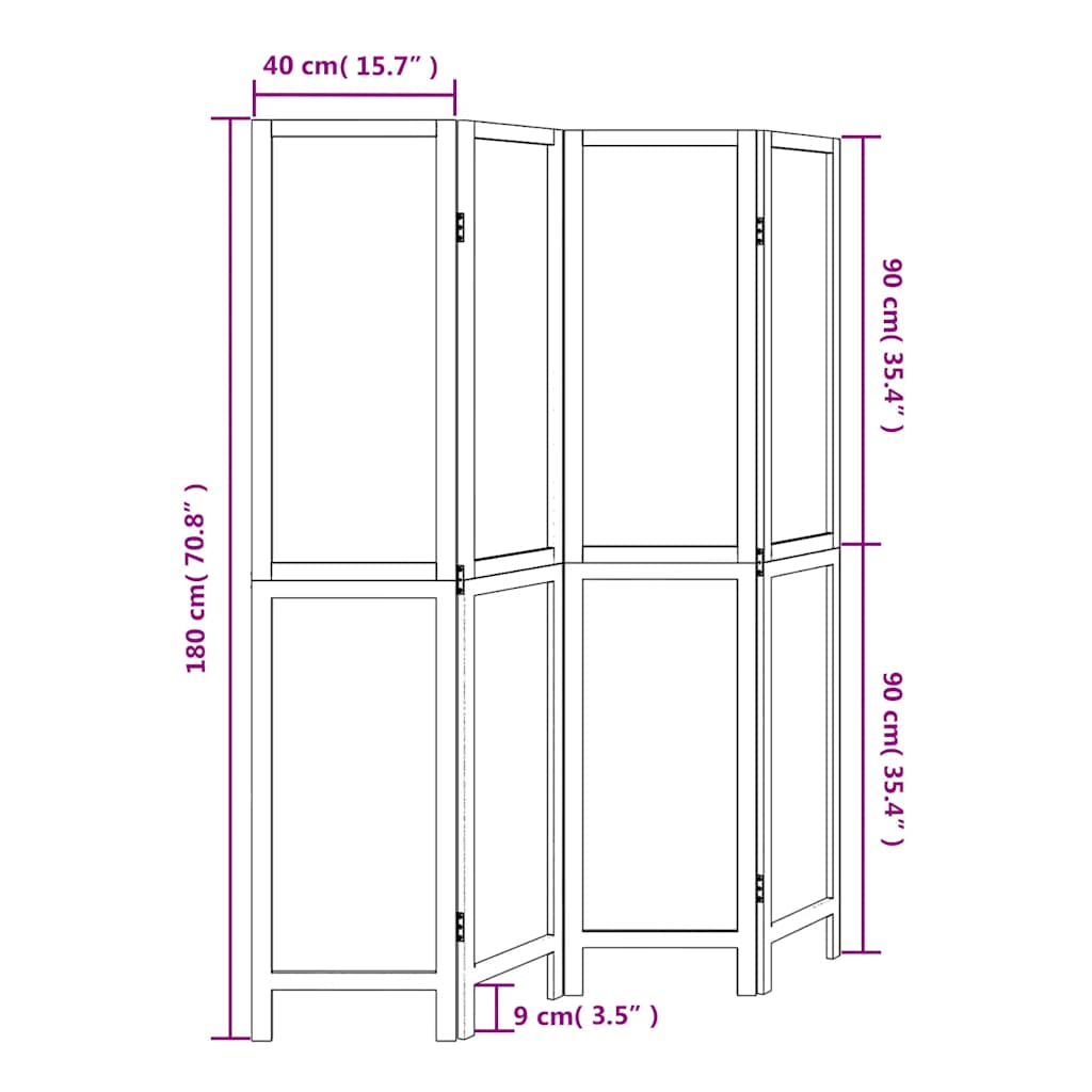 4-Panel Room Divider in White Solid Paulownia Wood