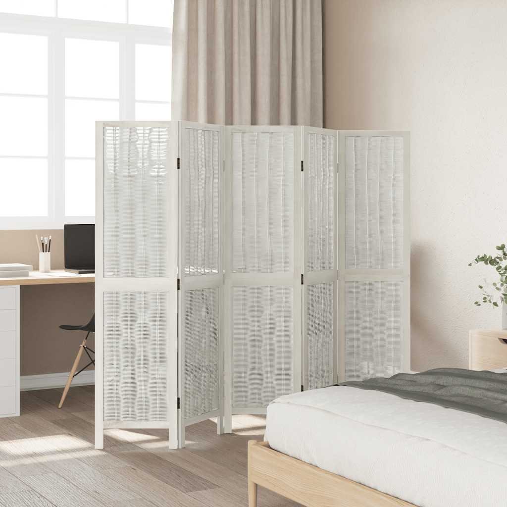5-Panel Room Divider in White Solid Wood Paulownia