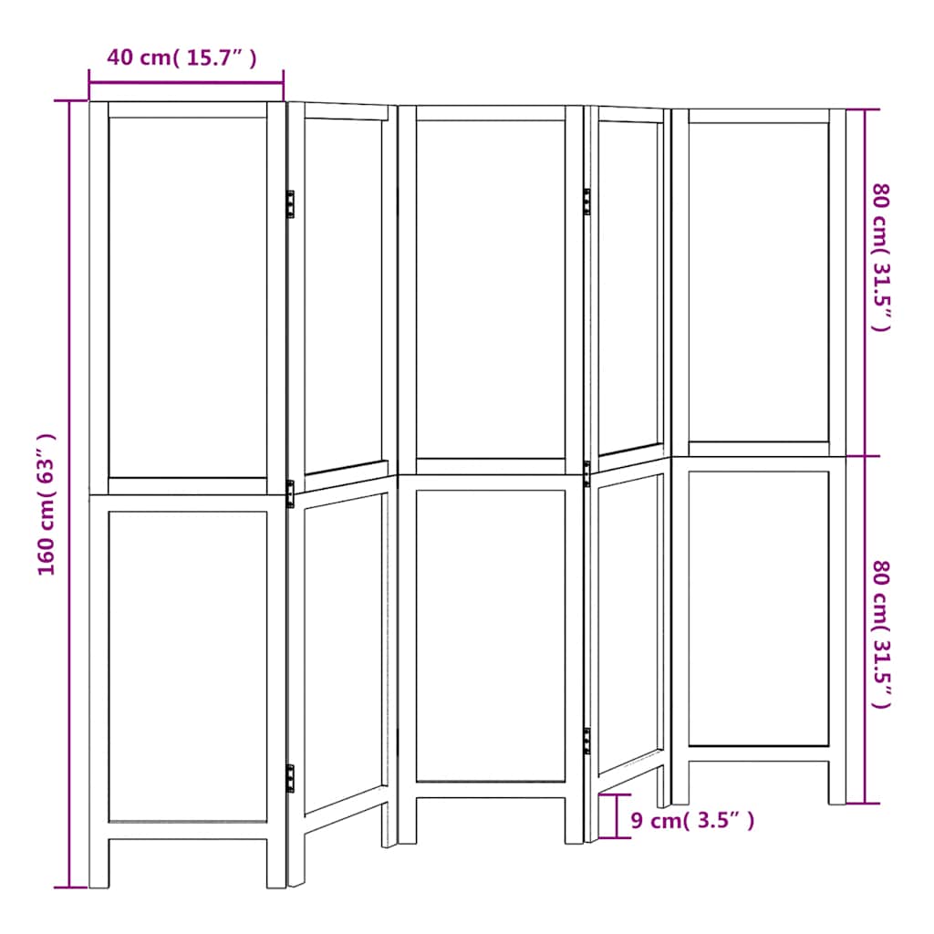 5-Panel Room Divider in White Solid Wood Paulownia