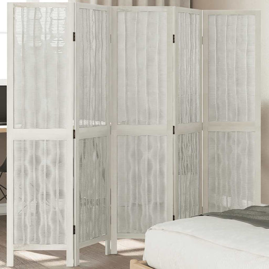 5-Panel Room Divider in White Solid Wood Paulownia
