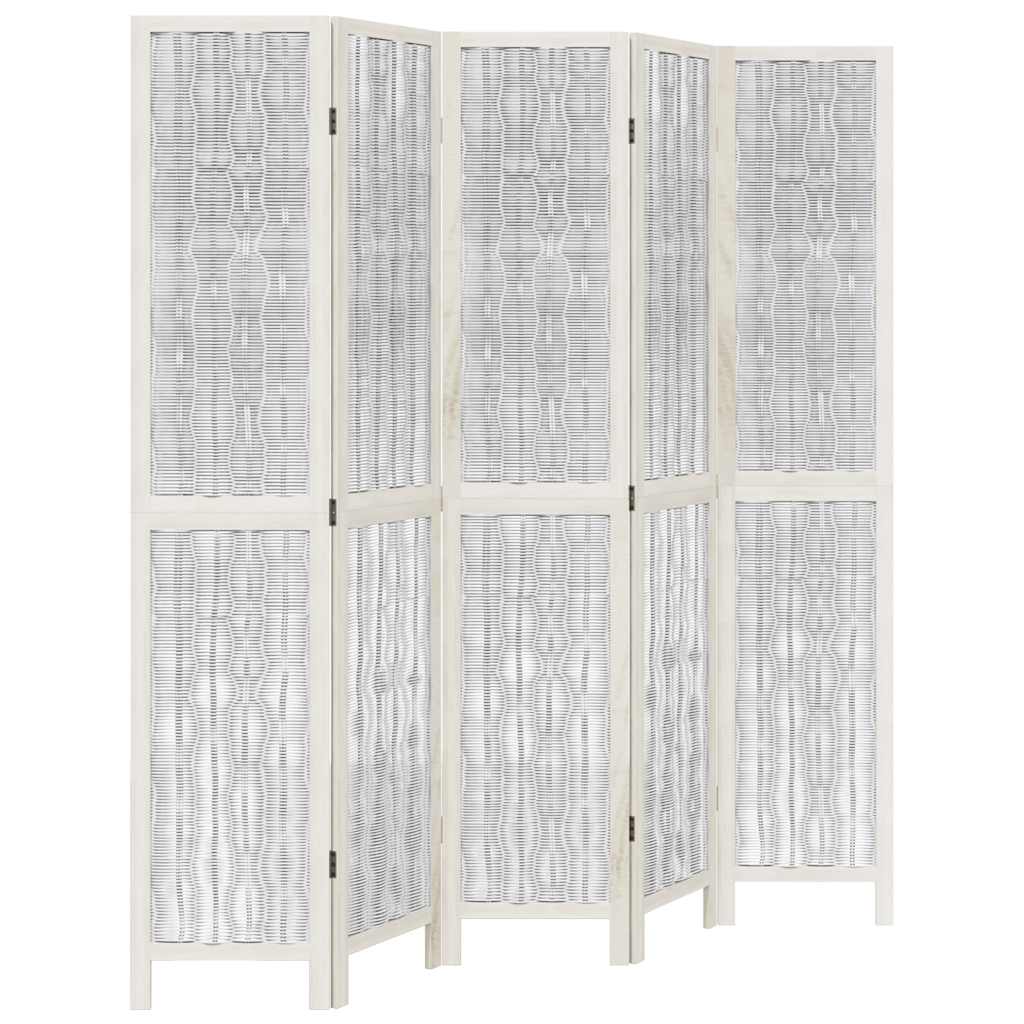 White Solid Wood 5-Panel Room Divider - Paulownia Privacy Screen