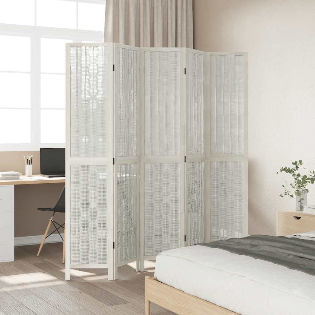 White Solid Wood 5-Panel Room Divider - Paulownia Privacy Screen