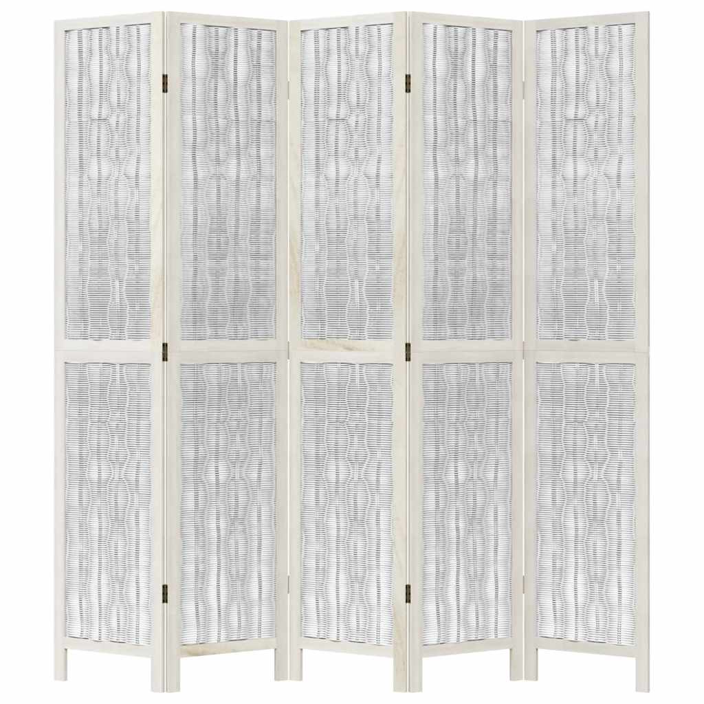 White Solid Wood 5-Panel Room Divider - Paulownia Privacy Screen
