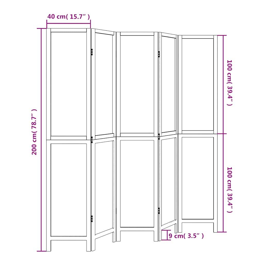 White Solid Wood 5-Panel Room Divider - Paulownia Privacy Screen