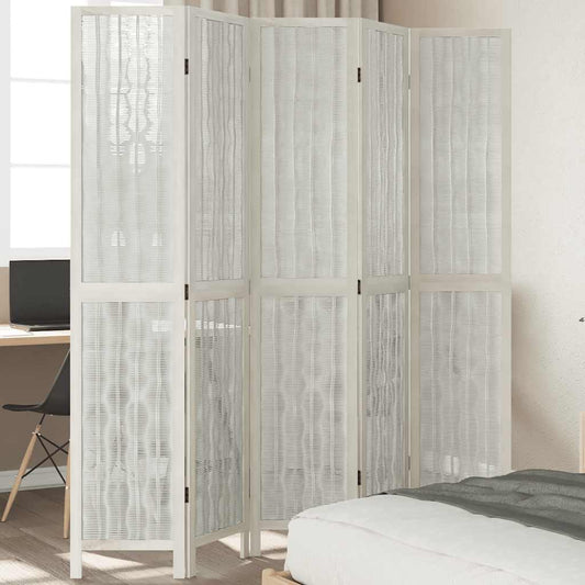 White Solid Wood 5-Panel Room Divider - Paulownia Privacy Screen