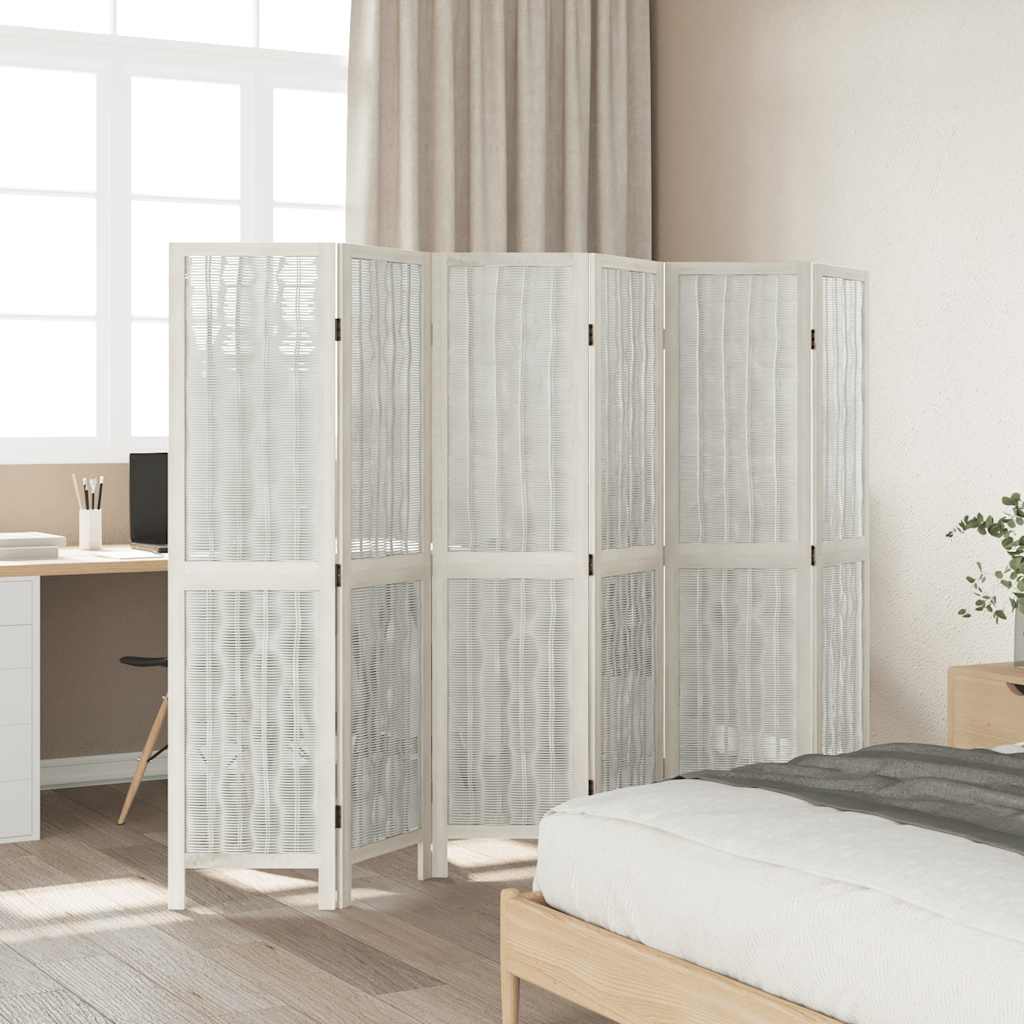 White Solid Wood 6-Panel Room Divider - Elegant Paulownia Design