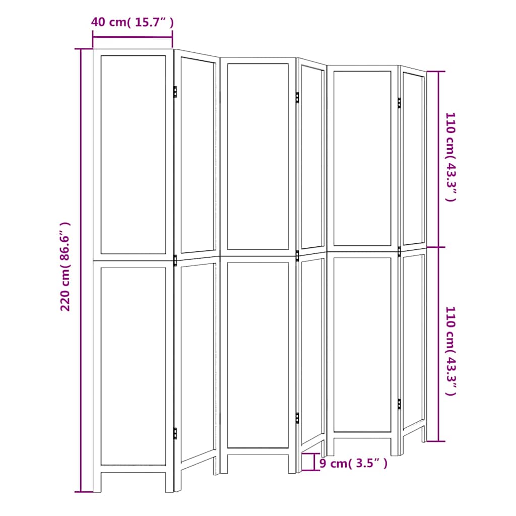 White Solid Wood Room Divider, 6 Panels, Paulownia