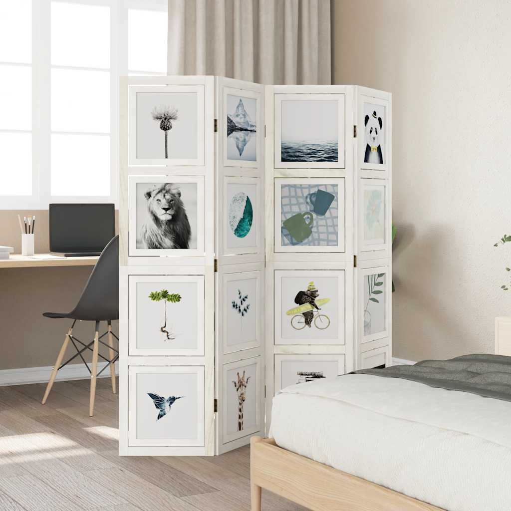 Solid Wood 4-Panel Room Divider, White Paulownia, Elegant & Versatile