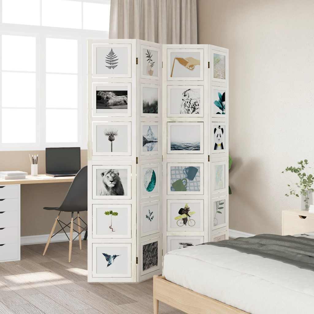 White Solid Wood Room Divider, 4 Panels, Paulownia Wood Design
