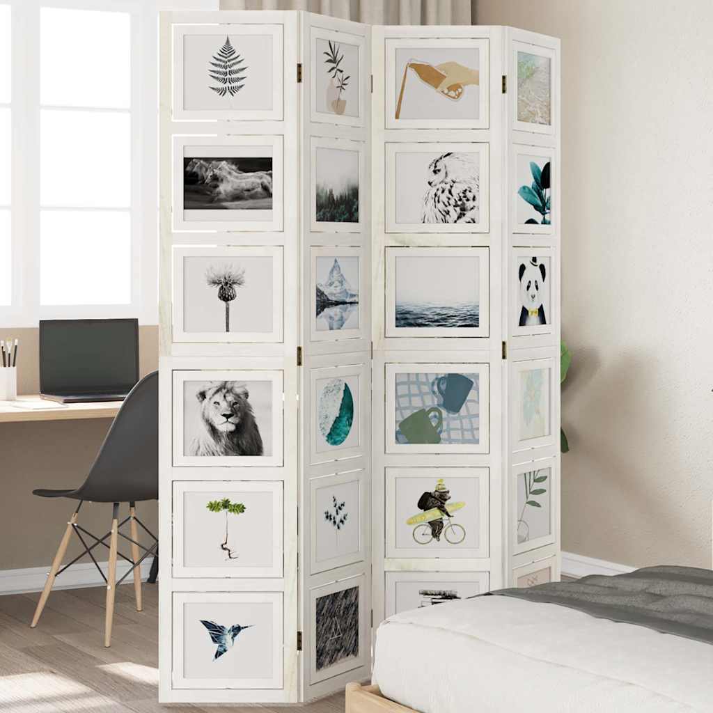 White Solid Wood Room Divider, 4 Panels, Paulownia Wood Design