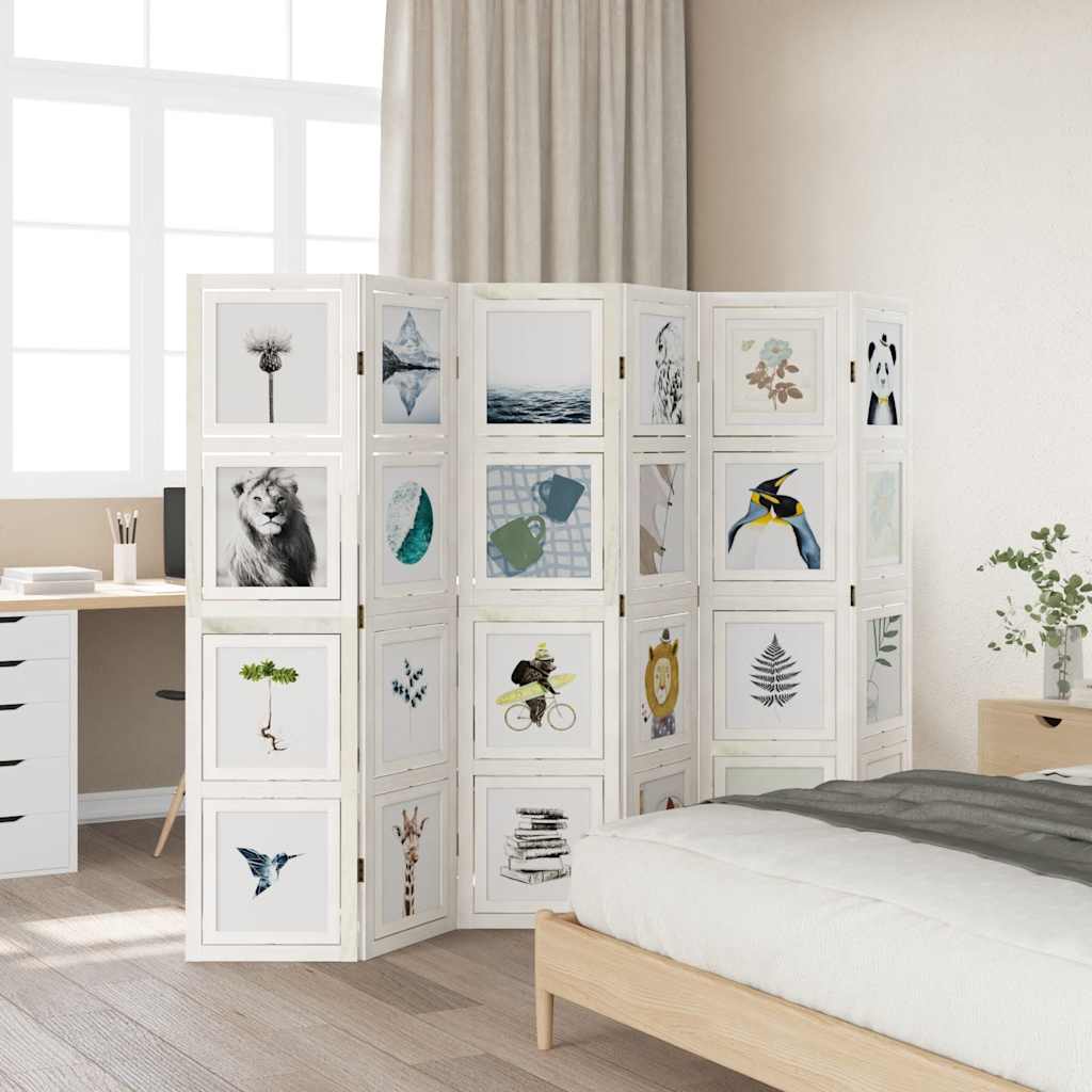 White Solid Wood Room Divider, 6 Panels, Paulownia Design