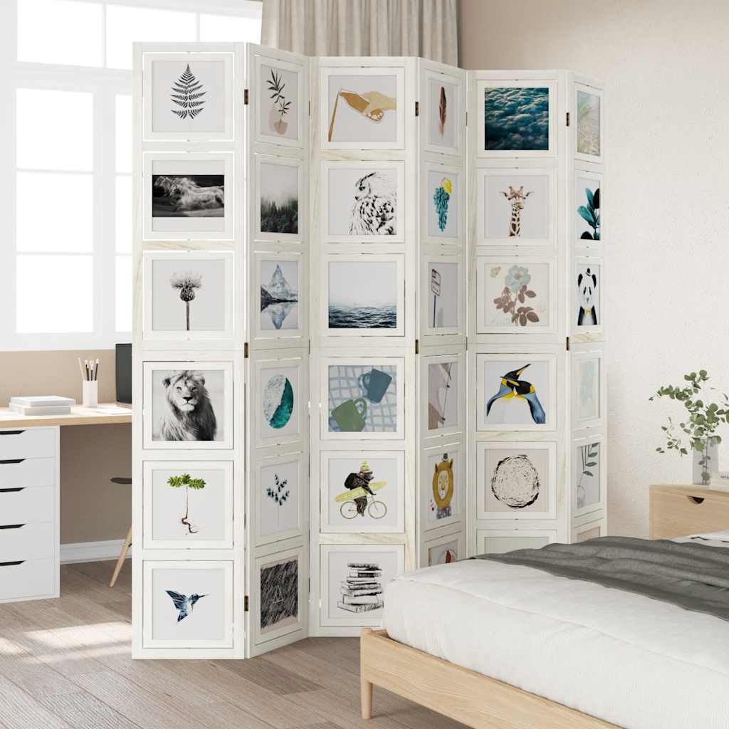 White Solid Wood Room Divider - 6 Panel Paulownia Screen