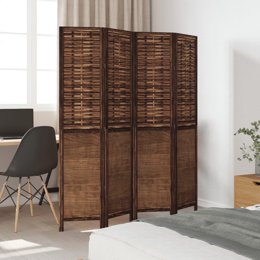 Solid Wood Room Divider - 4 Panel Dark Brown Paulownia Screen