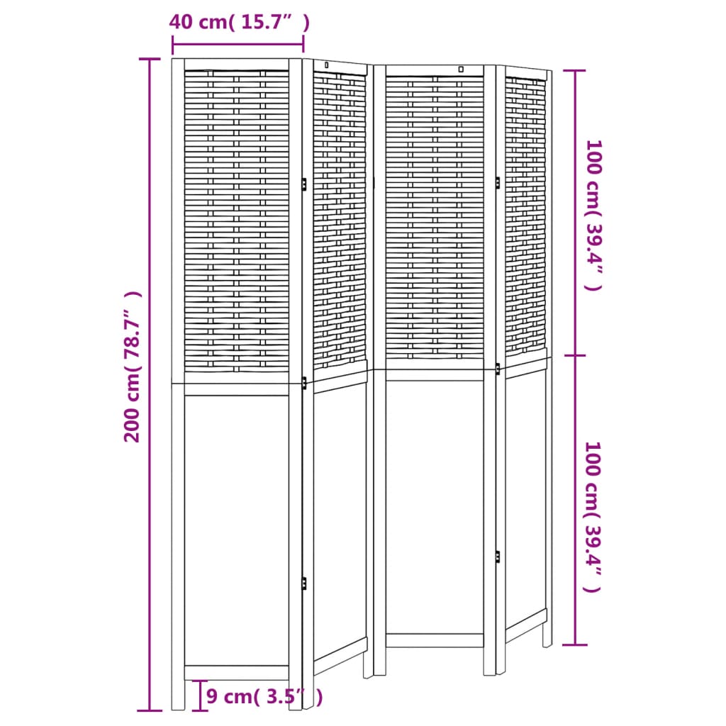 Dark Brown 4-Panel Room Divider in Solid Paulownia Wood