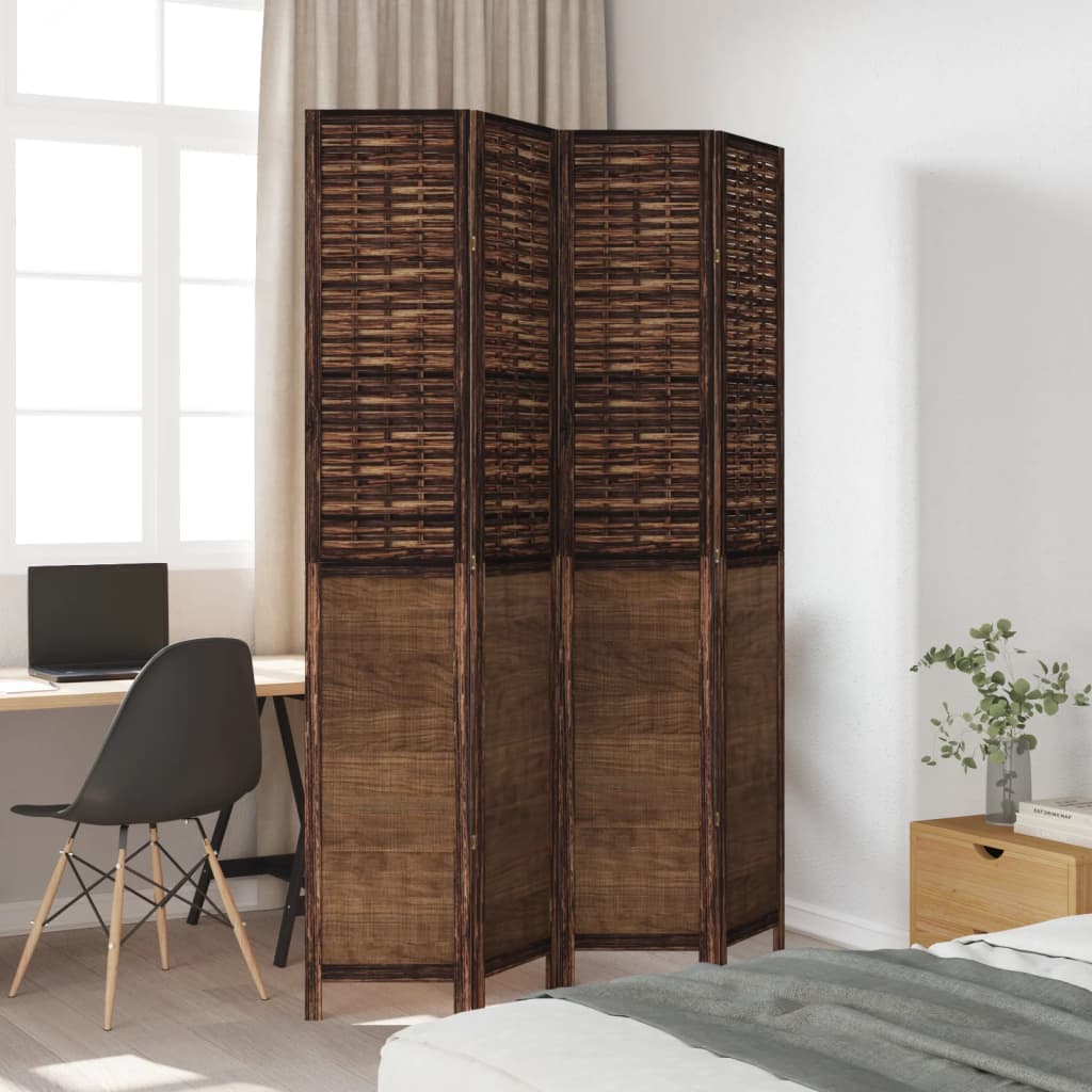 Solid Wood 4-Panel Room Divider in Dark Brown Paulownia Wood