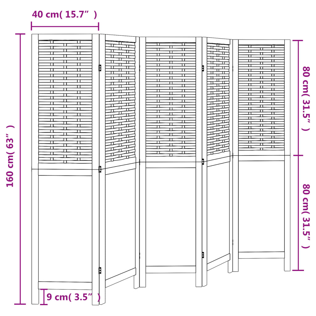5-Panel Dark Brown Room Divider in Solid Paulownia Wood