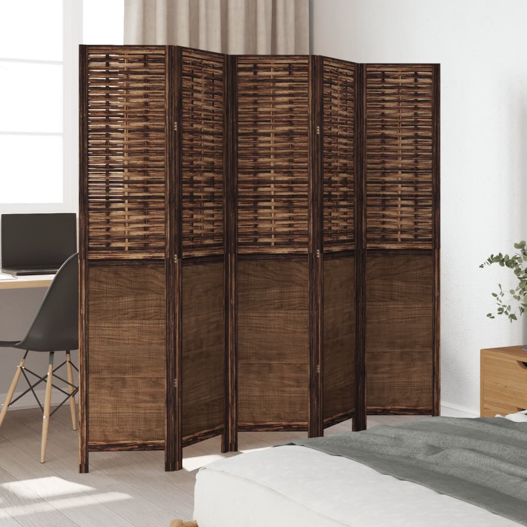 5-Panel Room Divider in Dark Brown Solid Paulownia Wood