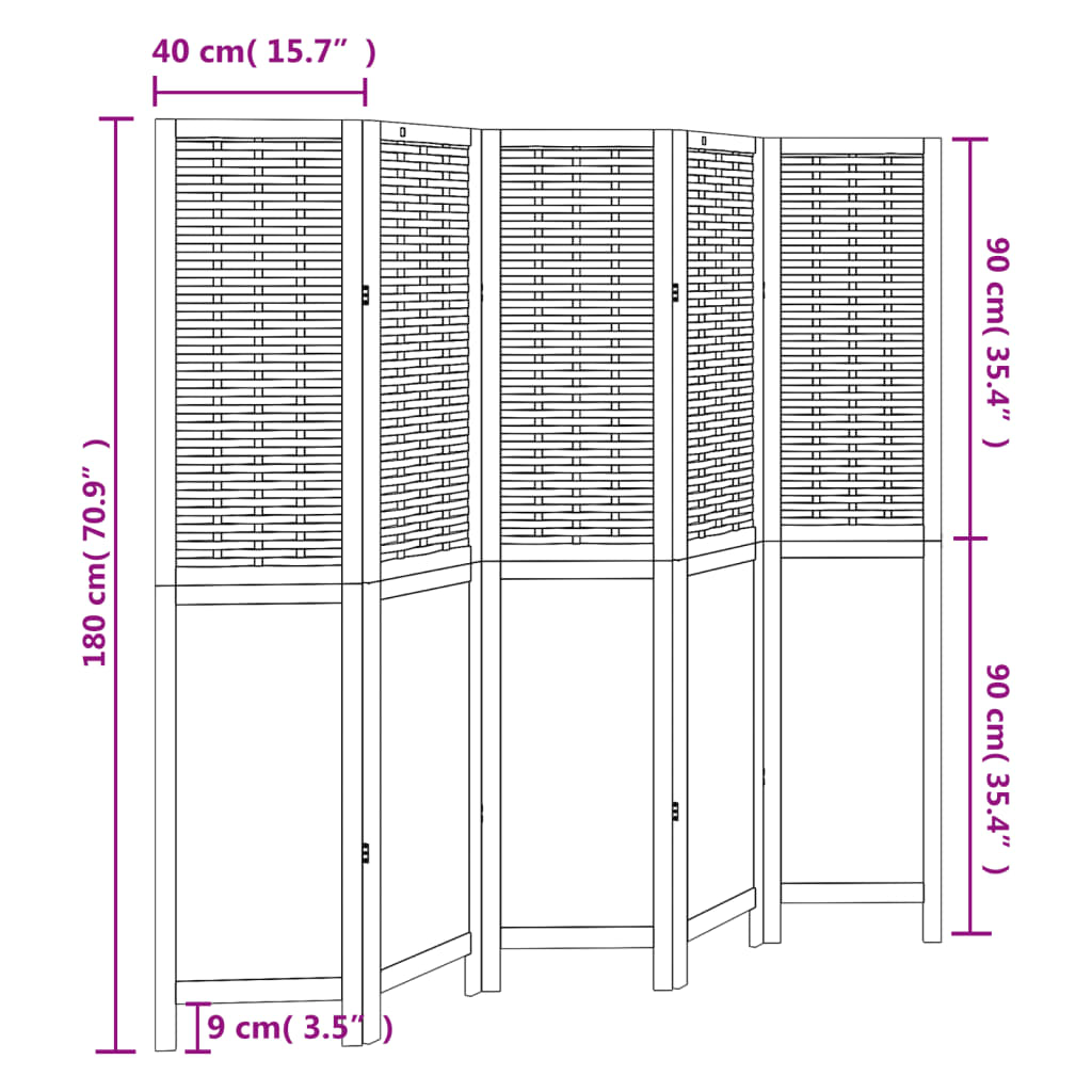 5-Panel Room Divider in Dark Brown Solid Paulownia Wood