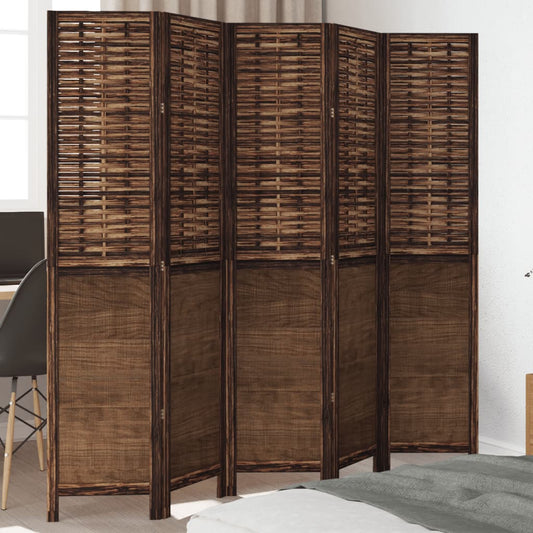5-Panel Room Divider in Dark Brown Solid Paulownia Wood