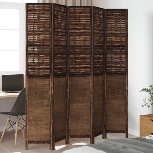 Dark Brown Solid Wood Room Divider – 5 Panels Paulownia Wood Elegance