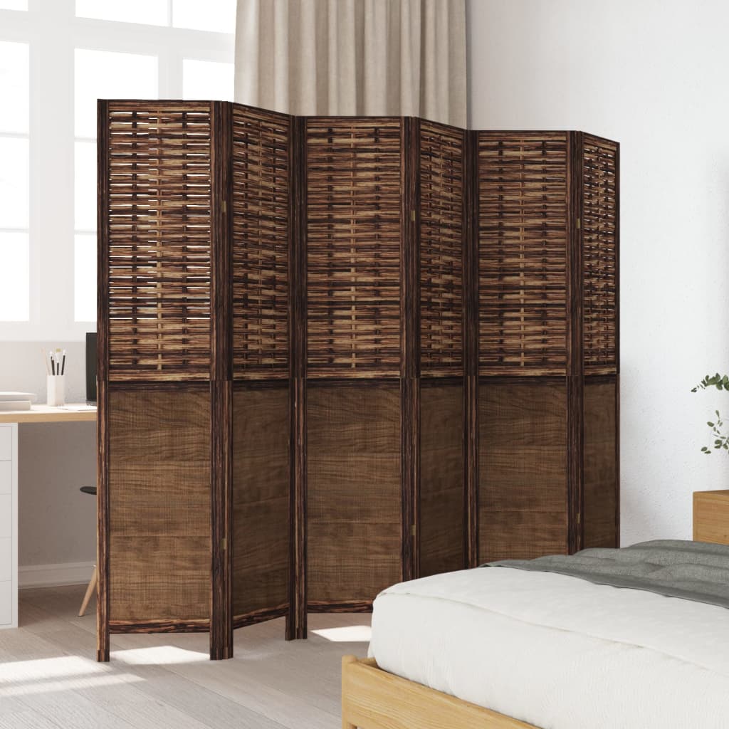 6-Panel Room Divider, Solid Paulownia Wood, Dark Brown Finish