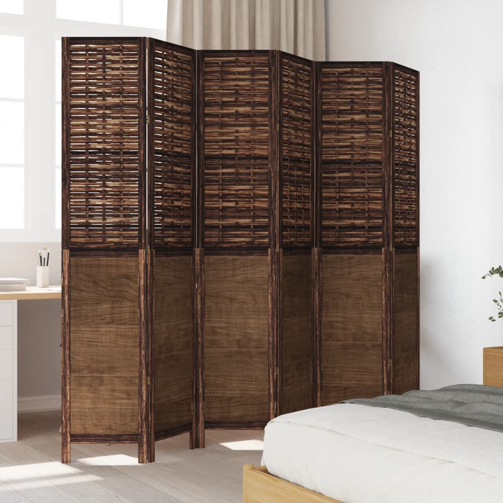 6-Panel Room Divider, Dark Brown Solid Wood Paulownia Screen