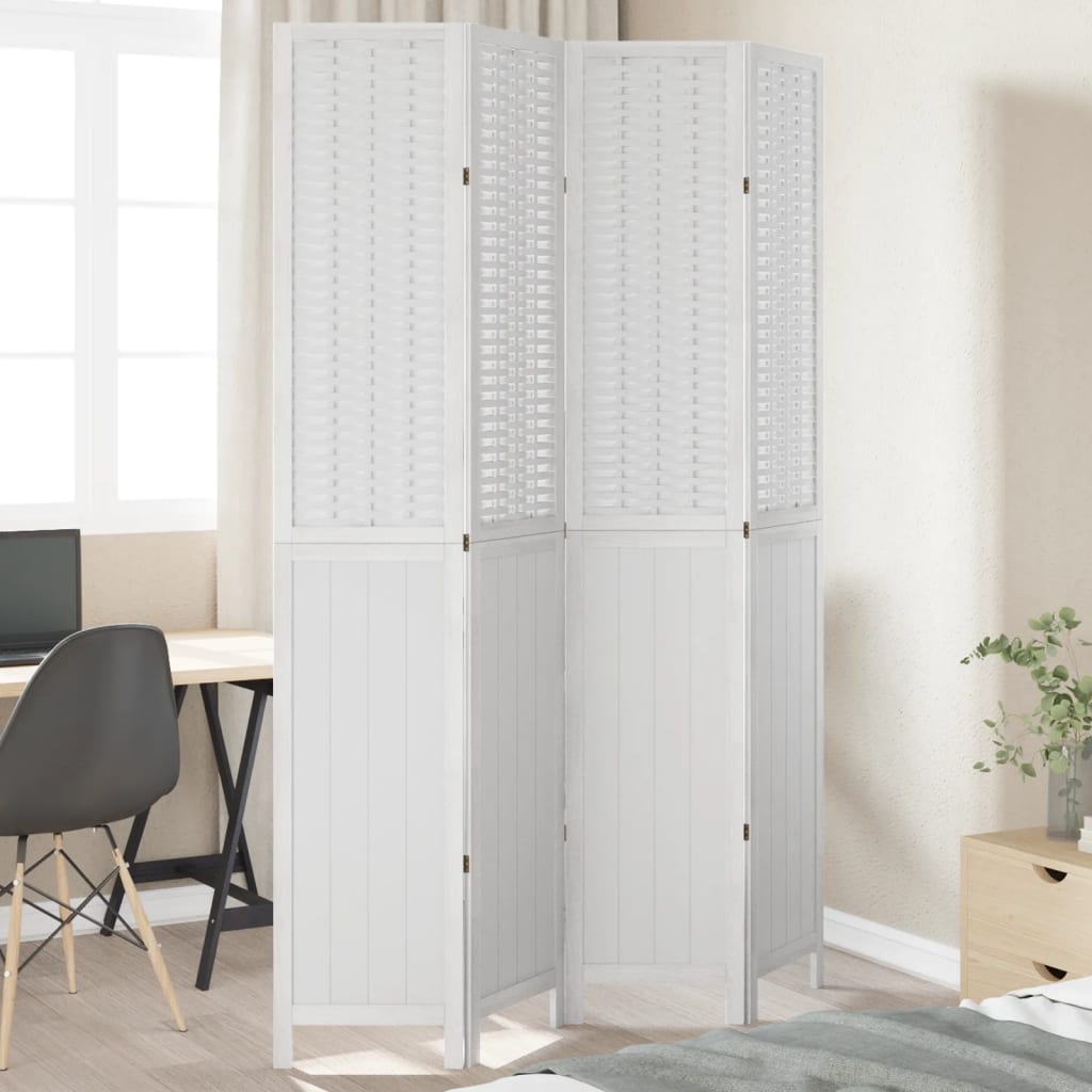 White Solid Wood 4-Panel Room Divider - Paulownia Wood Design