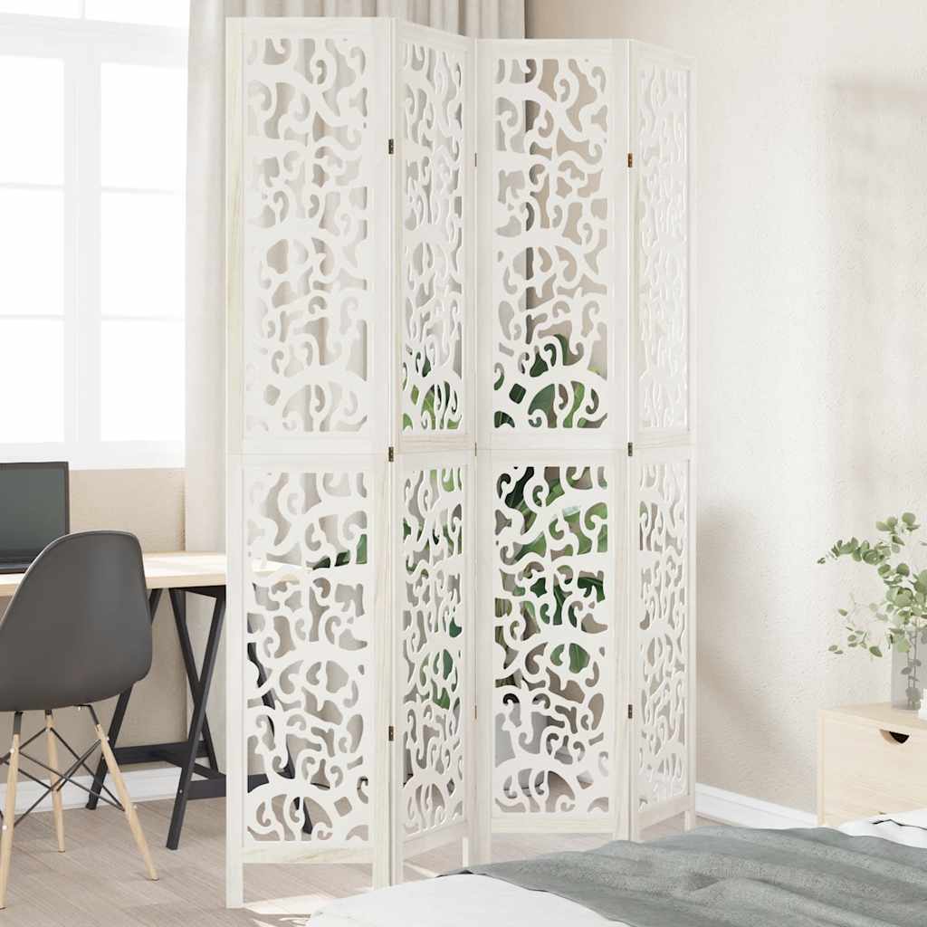 White Solid Wood Room Divider - 4 Panels in Paulownia