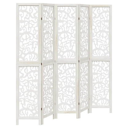 White Solid Wood 5-Panel Room Divider - Paulownia Elegance