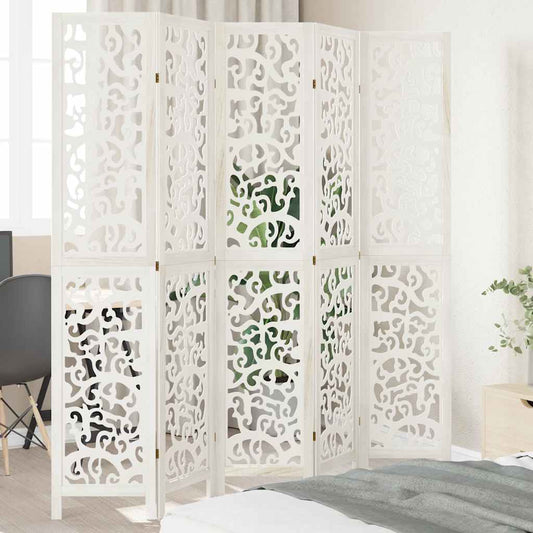 White Solid Wood 5-Panel Room Divider - Paulownia Elegance