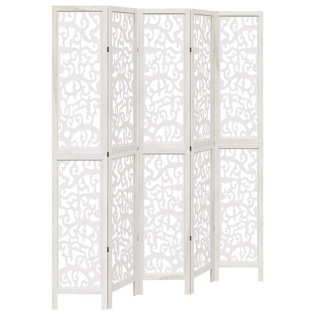 Stylish 5-Panel Room Divider in White Solid Wood Paulownia
