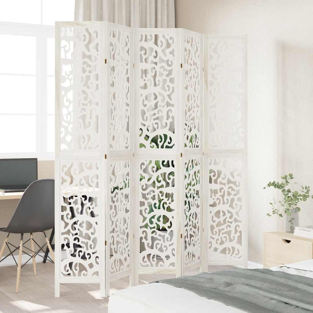 Stylish 5-Panel Room Divider in White Solid Wood Paulownia