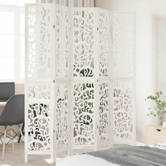 Stylish 5-Panel Room Divider in White Solid Wood Paulownia