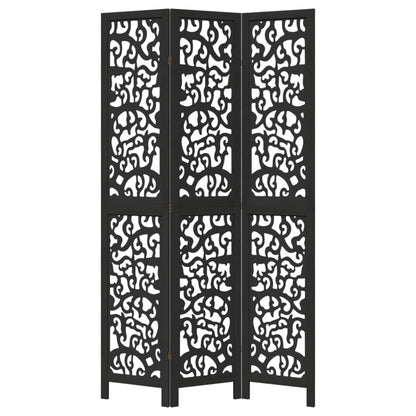 Room Divider 3 Panels Black Solid Wood Paulownia