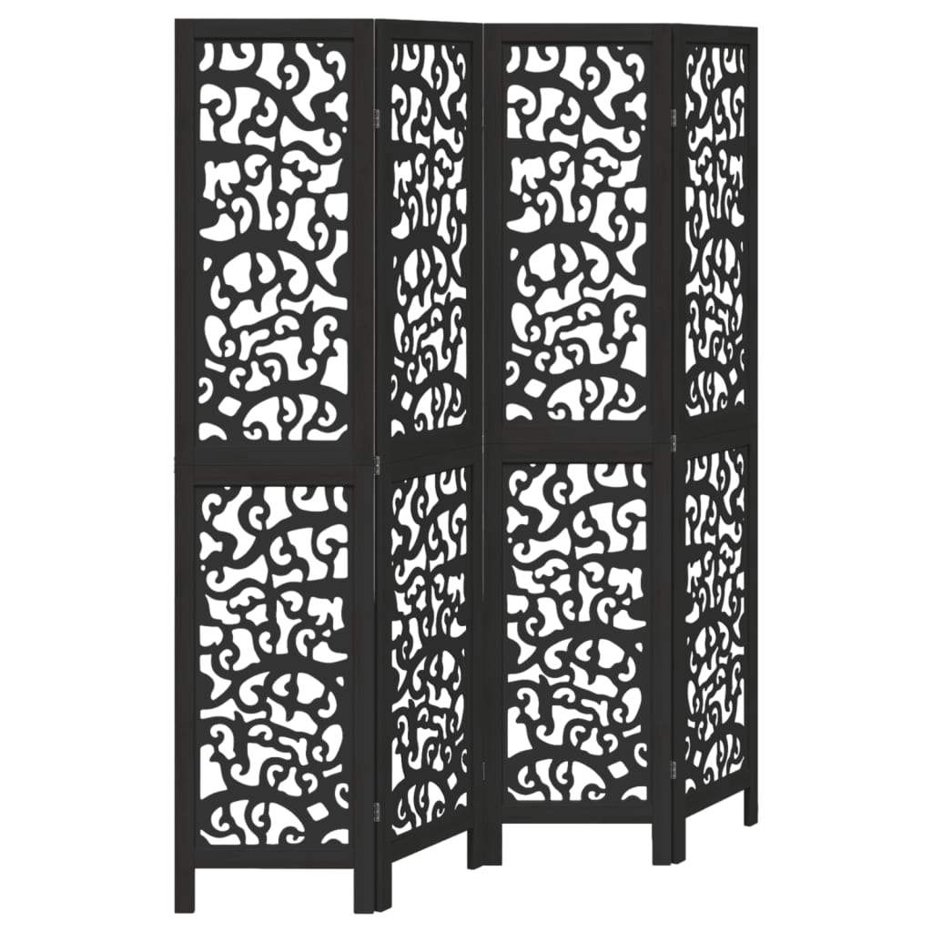 Stylish Black 4-Panel Room Divider in Solid Paulownia Wood