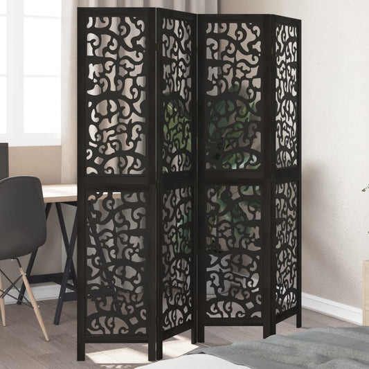 Stylish Black 4-Panel Room Divider in Solid Paulownia Wood