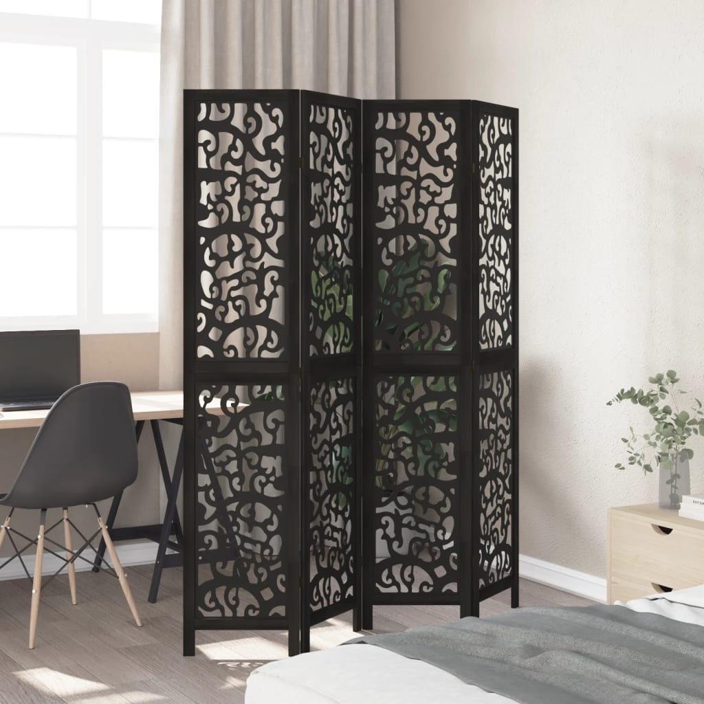 Black Solid Wood Room Divider - 4 Panels Paulownia Design