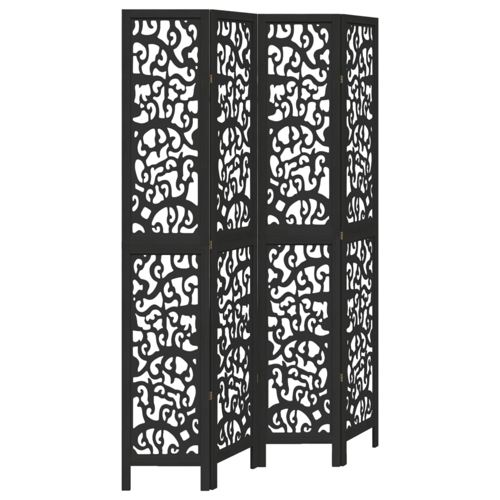Elegant Black 4-Panel Room Divider in Solid Paulownia Wood