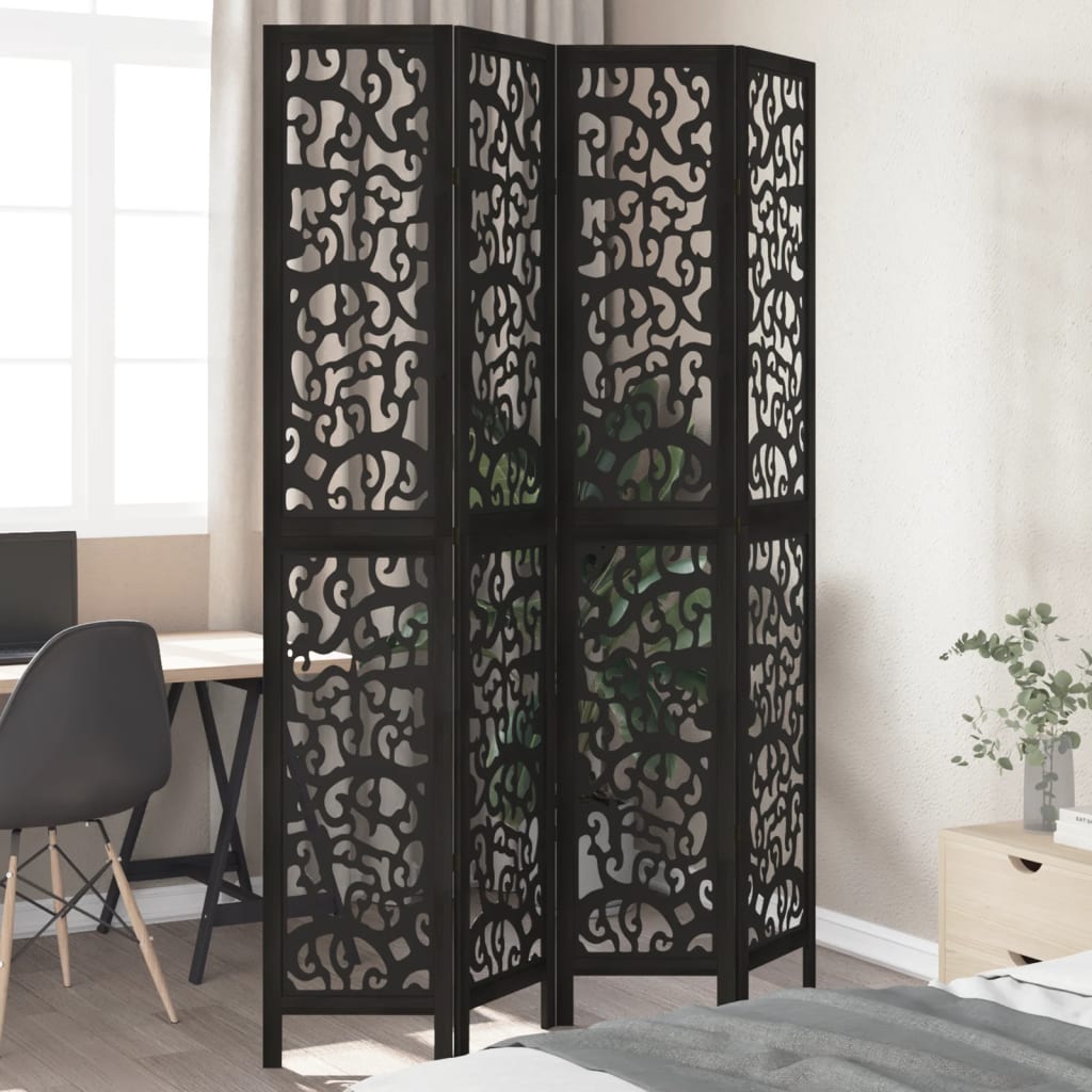 Elegant Black 4-Panel Room Divider in Solid Paulownia Wood