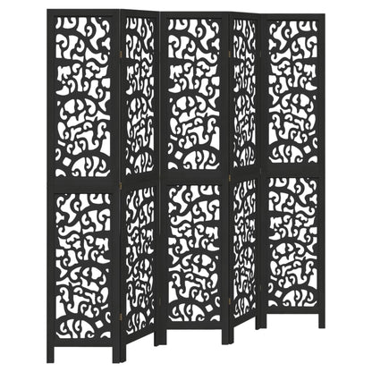 Black Solid Wood 5-Panel Room Divider - Paulownia Elegance