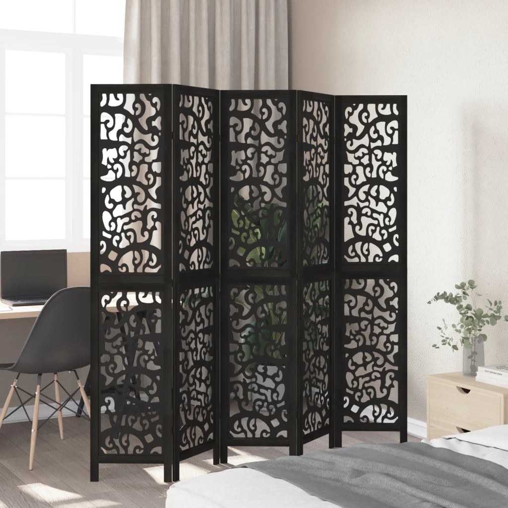 Black Solid Wood 5-Panel Room Divider - Paulownia Elegance