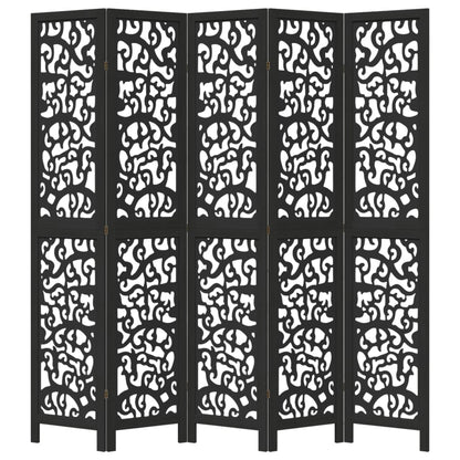 Black Solid Wood 5-Panel Room Divider - Paulownia Elegance