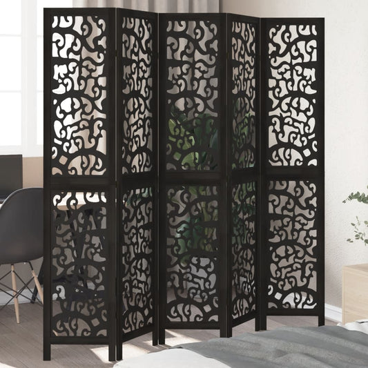 Black Solid Wood 5-Panel Room Divider - Paulownia Elegance
