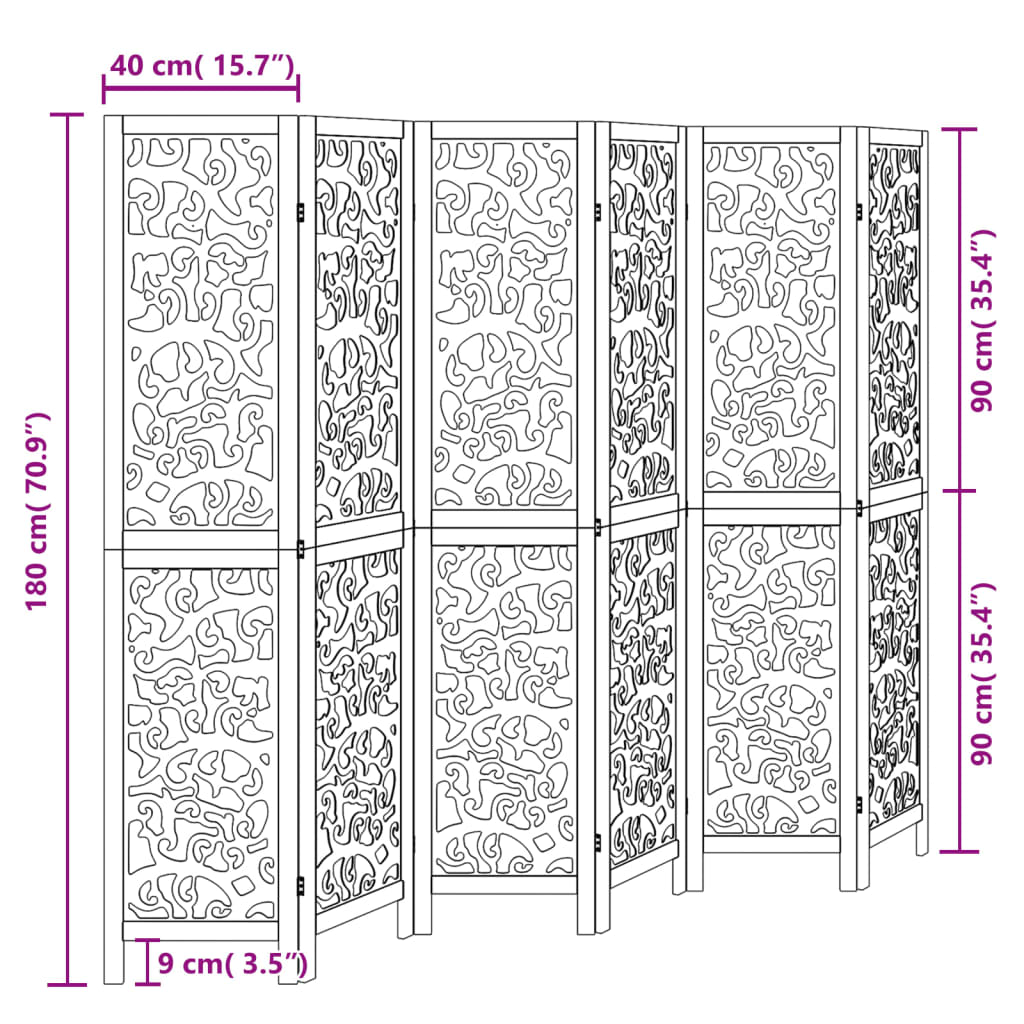 Black Solid Wood Room Divider - 6 Panels - Paulownia Wood