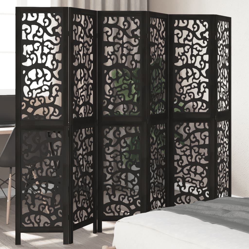 Black Solid Wood Room Divider - 6 Panels - Paulownia Wood