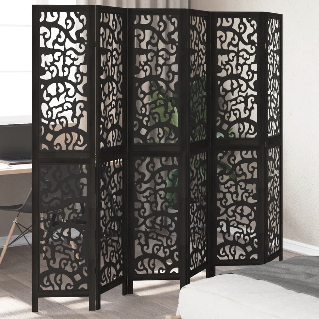 6-Panel Black Solid Wood Room Divider - Paulownia Elegance