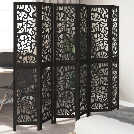 6-Panel Black Solid Wood Room Divider - Paulownia Elegance