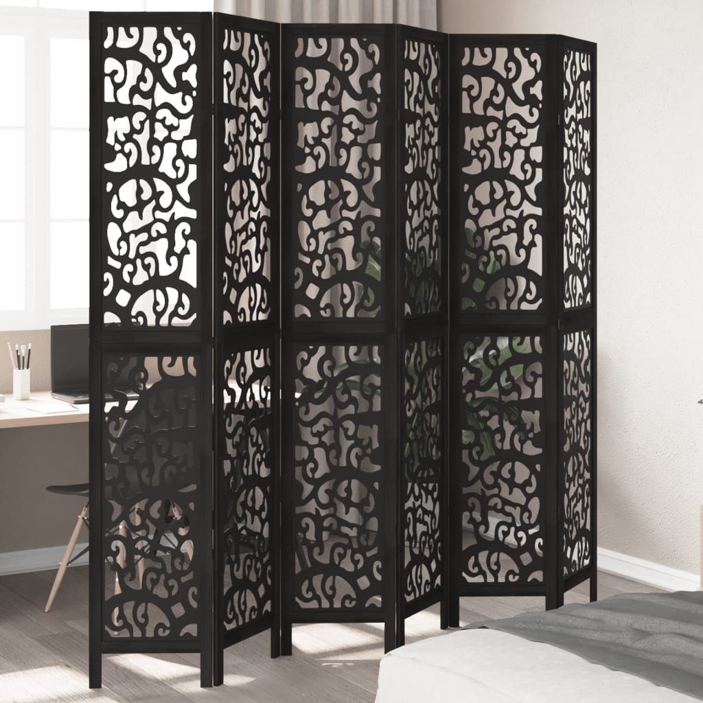 6-Panel Black Room Divider - Solid Wood Paulownia Privacy Screen