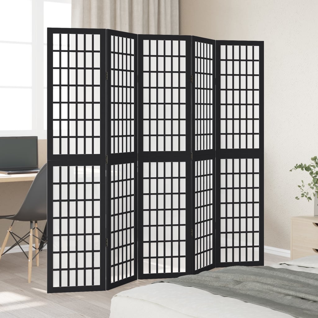 Elegant Black Solid Wood Room Divider - 5 Panels Paulownia